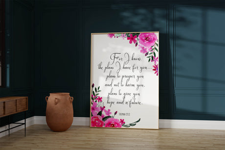 Elegant faith-based floral wall decor with a scripture quote from Jeremiah 29:11