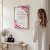 Jeremiah 29:11 Bible verse print with soft pink and purple flowers surrounding scripture.