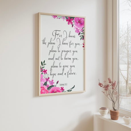 Christian wall art featuring For I Know The Plans I Have For You and floral watercolour design.
