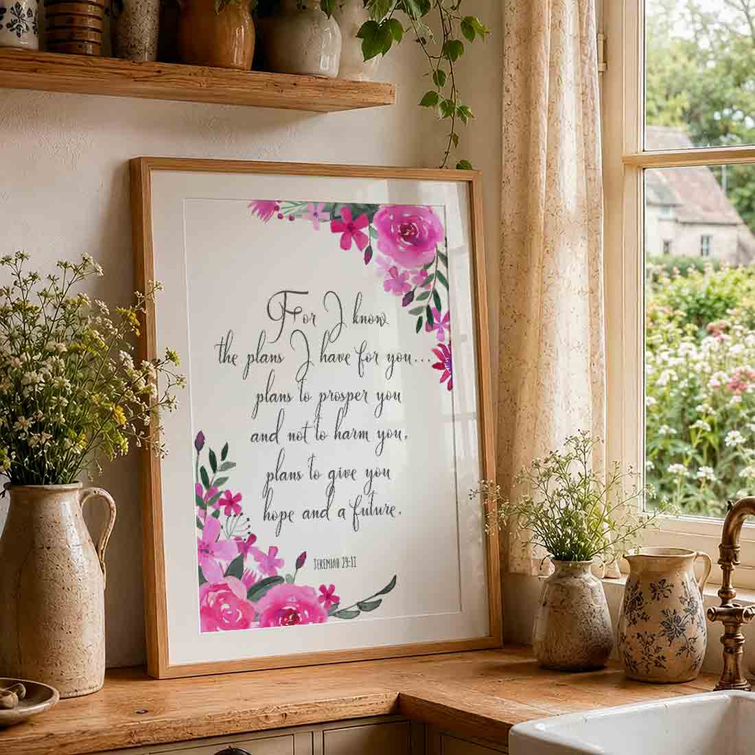 For I Know The Plans I Have For You Floral Bible Verse Print, Jeremiah 29 11 Christian Wall Art, Scripture Decor With Soft Pink And Purple Flowers