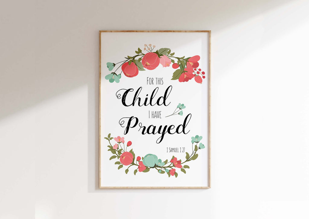 Coral and Turquoise Flower Wreath Wall Art, Nursery Decor with 'For this child I prayed', Biblical Quote Art with Floral Wreaths
