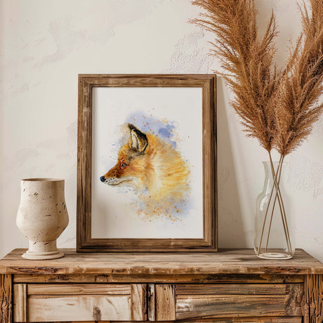 Watercolour fox art print with earthy tones and a gentle blue wash in the background. Hand-painted fox portrait in a loose, artistic style with calming natural colours.