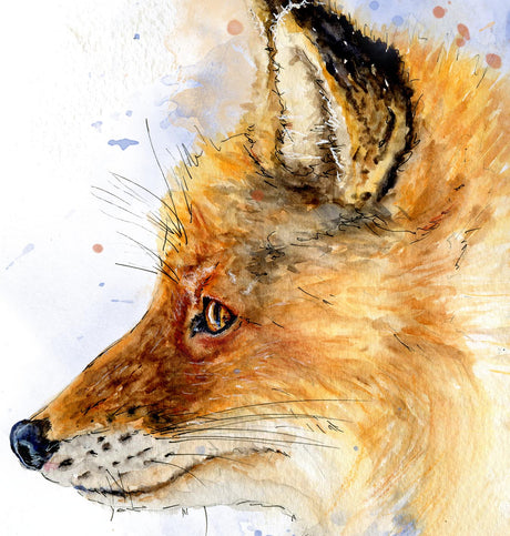 'Still & Knowing' - Close-up detail of canvas fox print texture in warm amber and russet tones, animal wall art woodland decor by Crafty Cow Design.