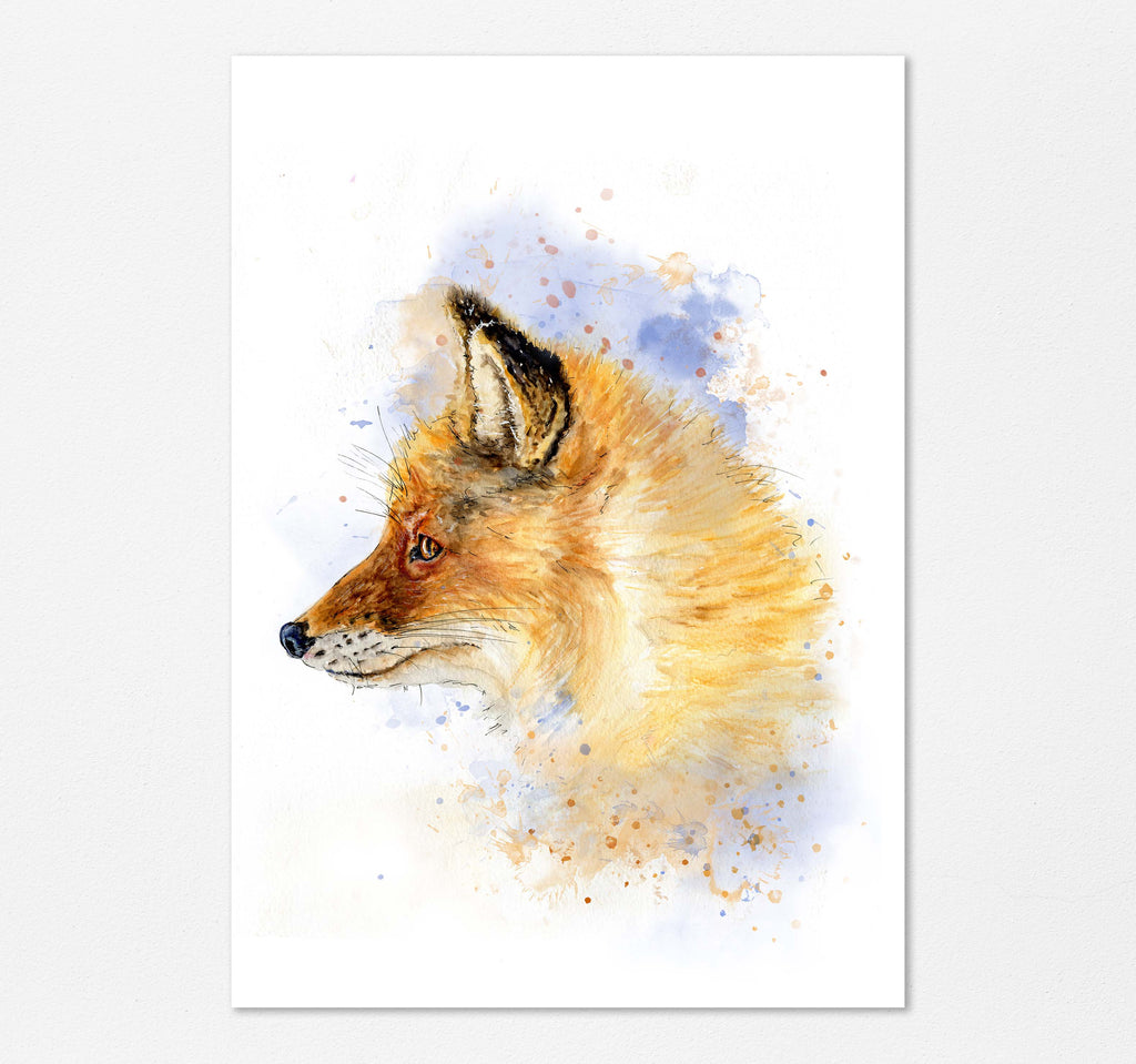 Fox Print Woodland Animal, Fox Portrait, Fox Illustration, Fox Art, Watercolour fox portrait print in browns and blues