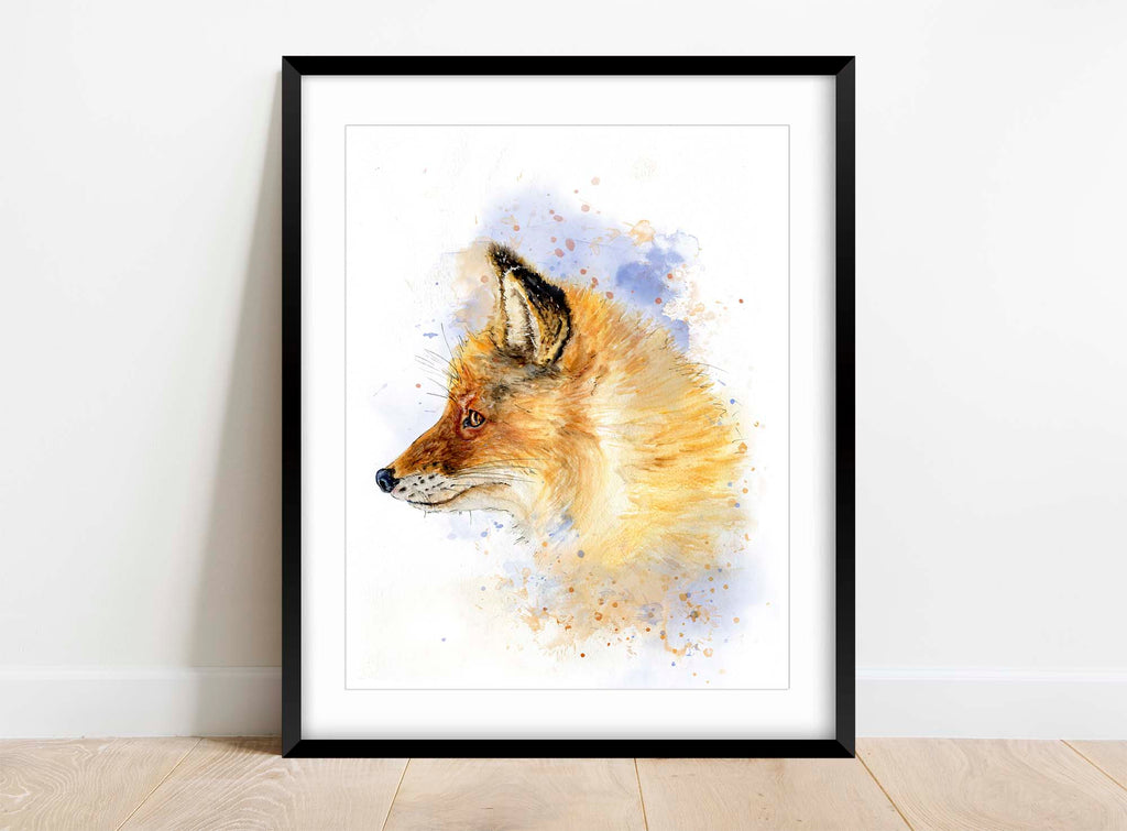 Nature-themed home decor: Fox in watercolor print, Brown and blue fox portrait for a timeless aesthetic