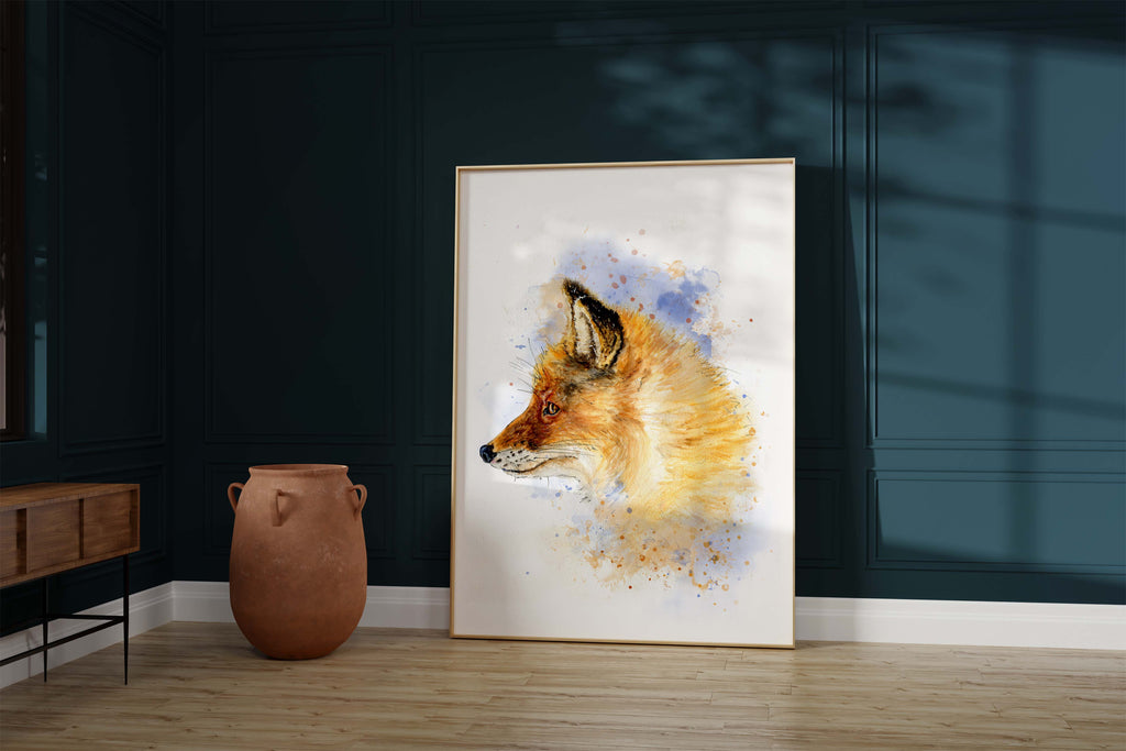 Wildlife-inspired fox print in loose watercolour style, Elegant fox art with brown and blue watercolor palette