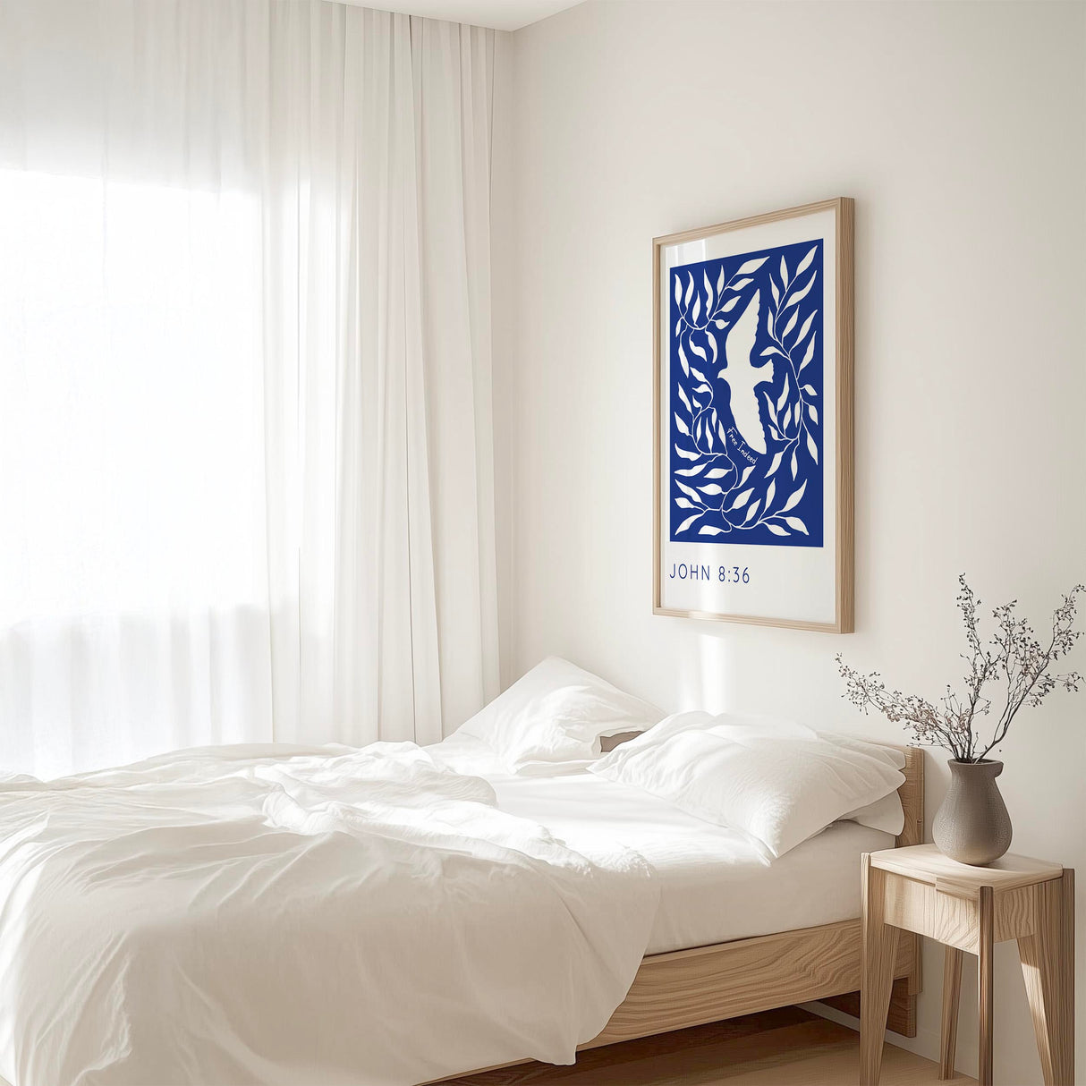 Bible verse wall art with John 8:36, a peaceful dove design, and a message of spiritual freedom.