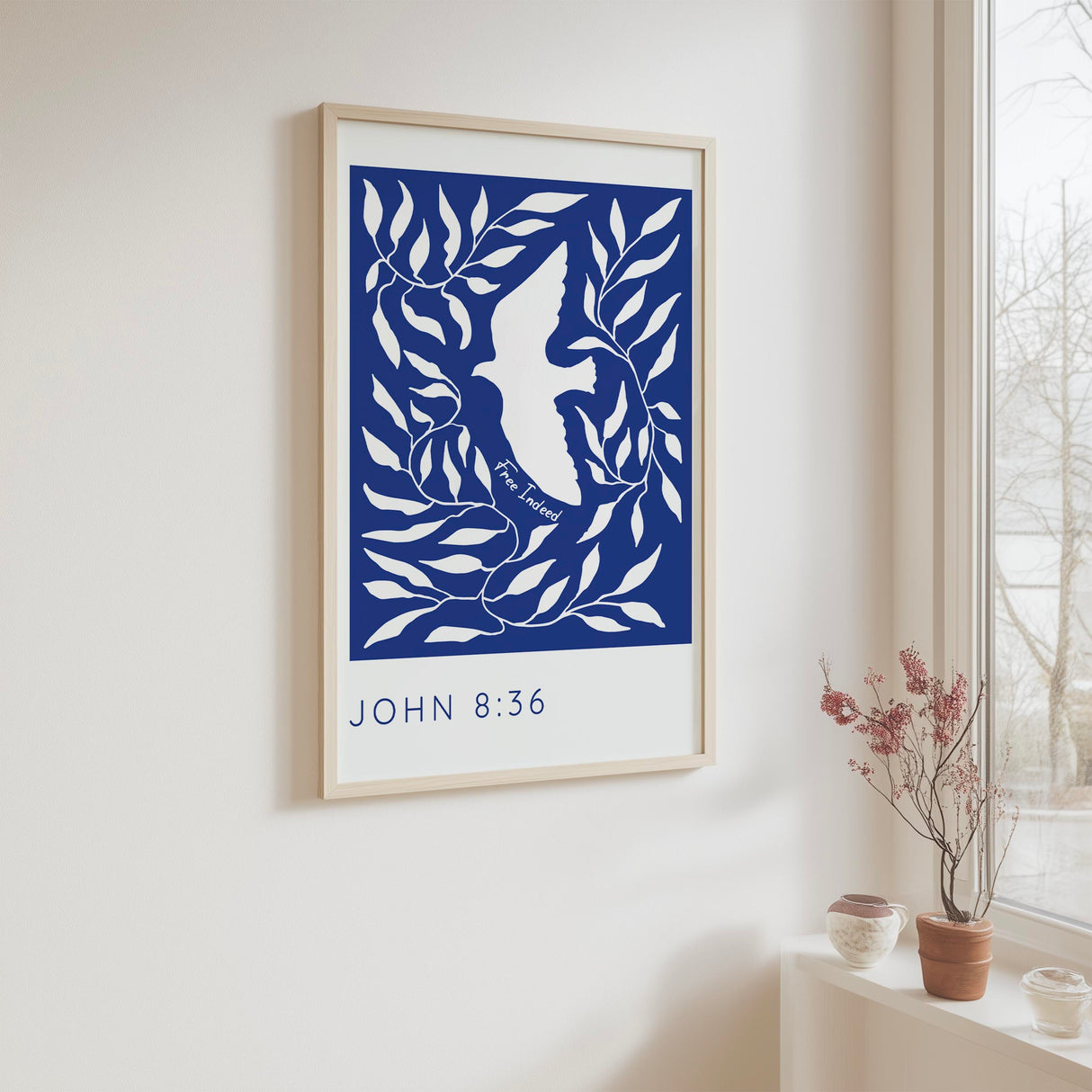 Dove and leaves illustration with the phrase If the Son sets you free, you will be free indeed.