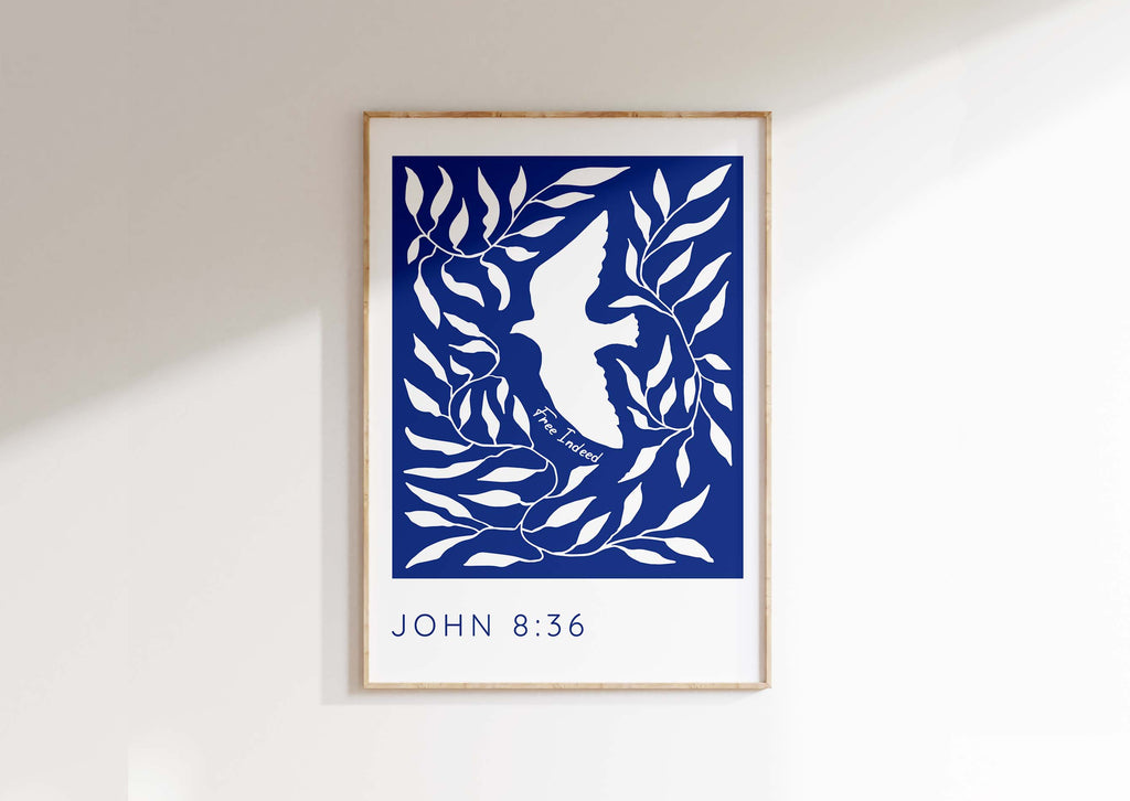 White dove surrounded by leaves, 'Free Indeed' John 8:36 print, spiritual wall art