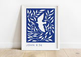 Serene white dove art with 'Free Indeed' quote, John 8:36 print, Christian decor