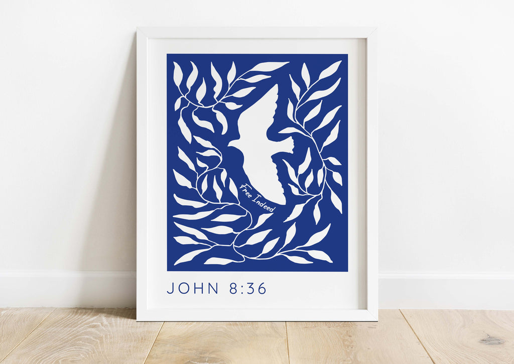 Serene white dove art with 'Free Indeed' quote, John 8:36 print, Christian decor