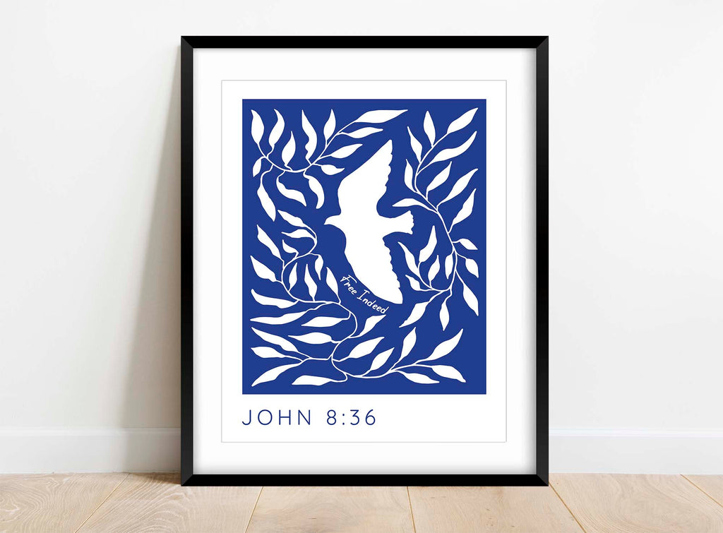 Elegant dove and leaves design, John 8:36 'Free Indeed' print, faith-inspired art