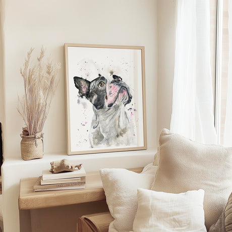Playful French bulldog portrait print with bat ears and curious eyes, perfect for dog lover decor.