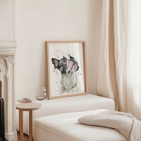 Cute canine portrait featuring a French bulldog’s wrinkled face and attentive expression. Charming puppy art print for nurseries, living rooms, or home offices with a playful vibe.