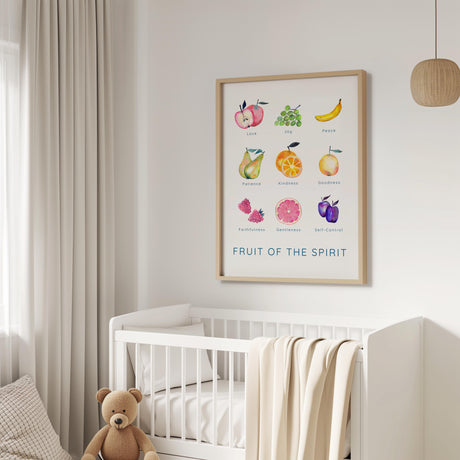 Watercolor Fruit Of The Spirit Bible Verse Print with Galatians 5:22-23 for Christian home decor