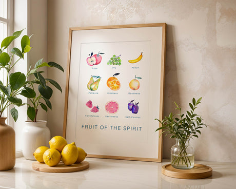 Inspiring Fruit Of The Spirit Print with elegant watercolor fruit and scriptural verse