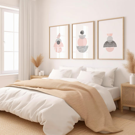 Abstract three-print set featuring hand-drawn geometric designs in soft pink and grey tones, each with a different composition on white backgrounds.