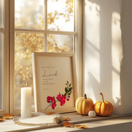 Give Thanks To The Lord Christian wall art with floral orchid design.