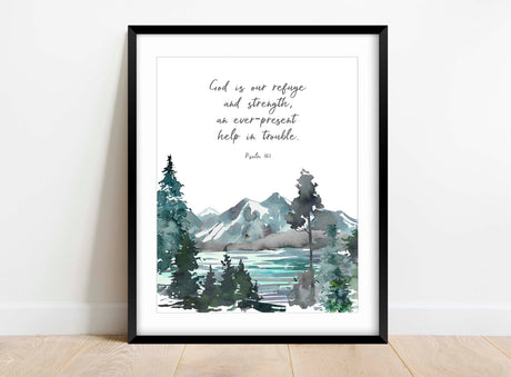 Psalm 46 1 Picture, God is Our Refuge Wall Art Print Christian Decor, Christian gift with Bible verse for home, forest scripture art