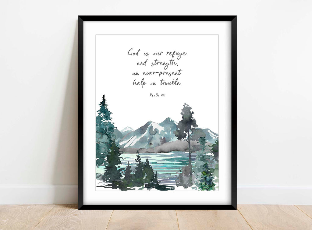 Psalm 46 1 Picture, God is Our Refuge Wall Art Print Christian Decor, Christian gift with Bible verse for home, forest scripture art