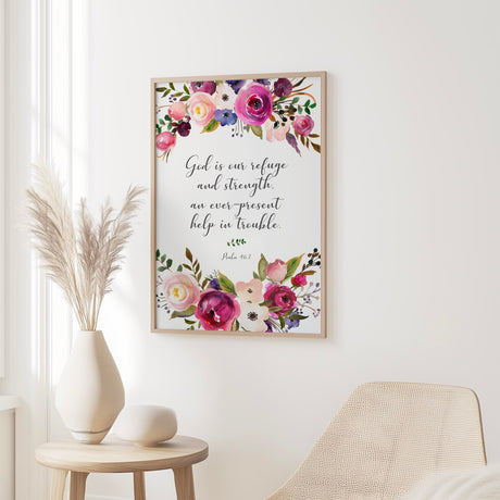 Christian wall art with Psalm 46:1 surrounded by a pink and burgundy floral wreath offering hope and strength.
