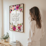 Bible verse print featuring “God is our refuge and strength” encircled by soft pink and burgundy flowers.