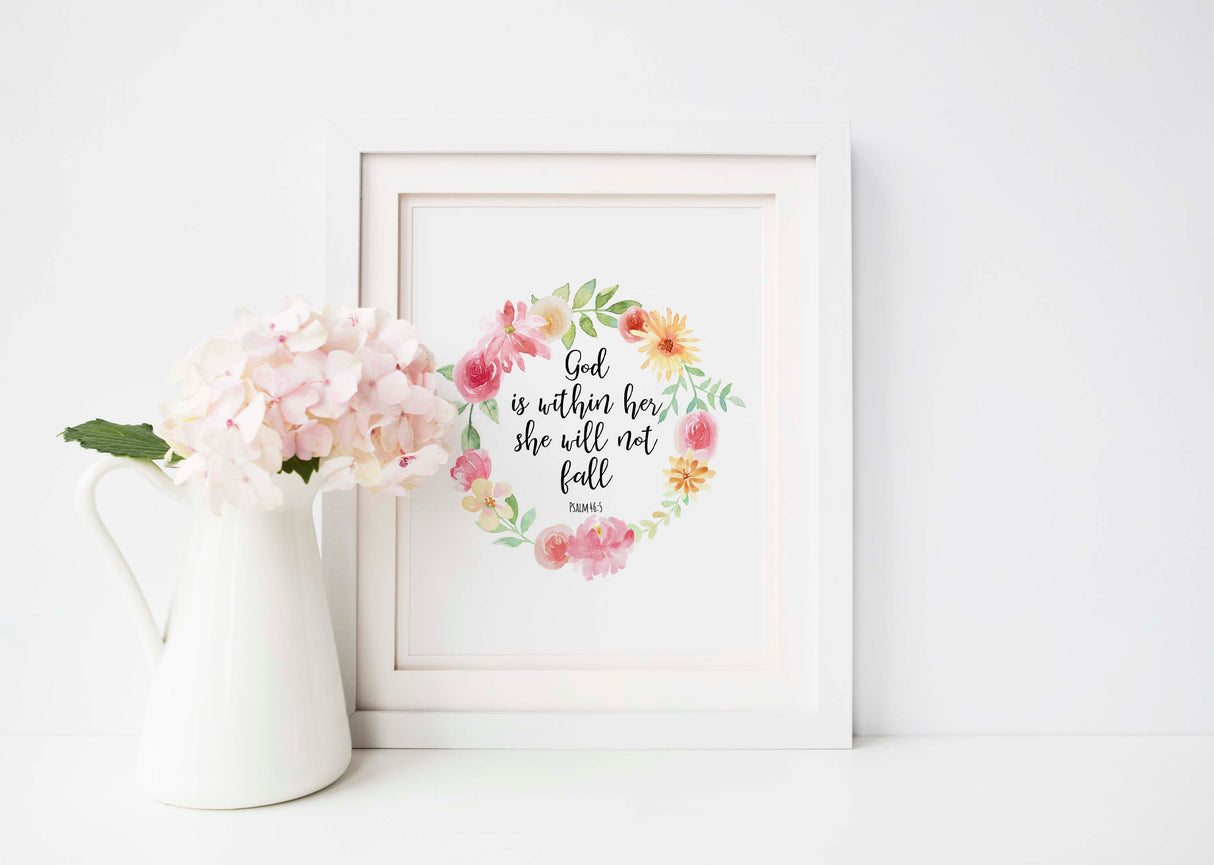 Faith-inspired wall art with Psalm 46:5, Elegant Christian print with comforting quote, FLoral print with encouraging Psalm 46:5