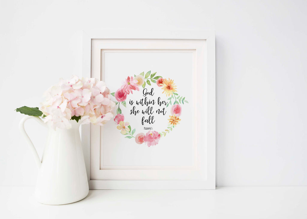 Faith-inspired wall art with Psalm 46:5, Elegant Christian print with comforting quote, FLoral print with encouraging Psalm 46:5