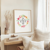 Inspirational Christian wall art for women with delicate pink floral wreath and Bible verse.