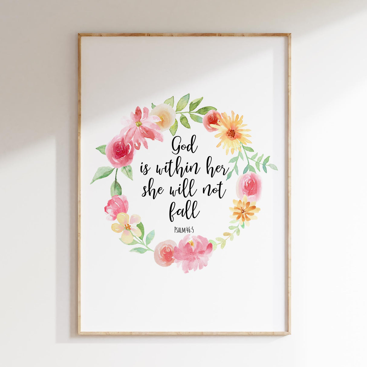 Soft pink and green floral Bible verse art print with message of God’s strength and support.