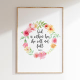 Soft pink and green floral Bible verse art print with message of God’s strength and support.
