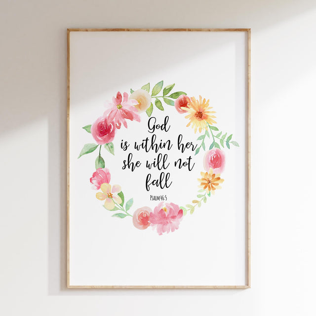 Soft pink and green floral Bible verse art print with message of God’s strength and support.