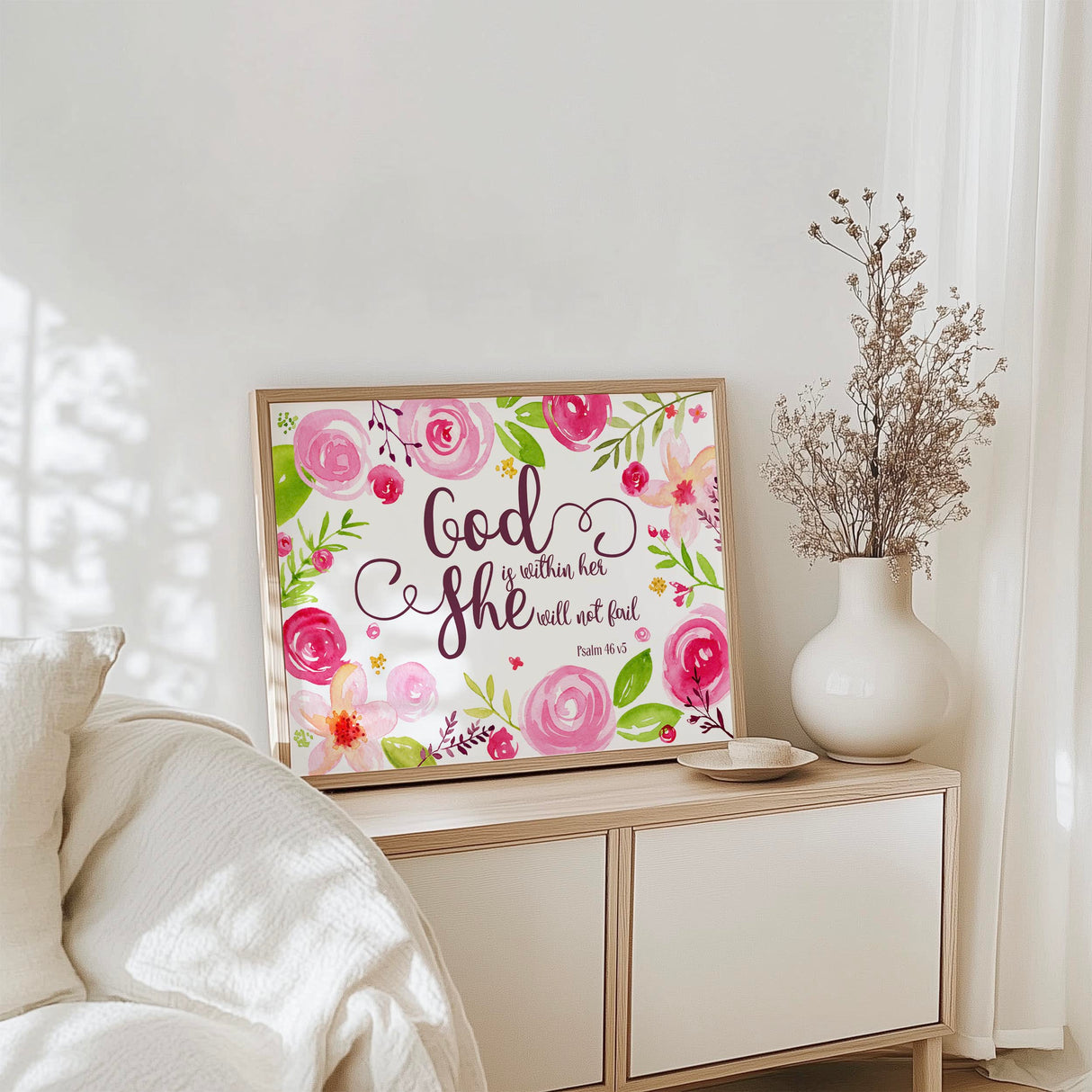 Christian scripture print with roses and greenery surrounding an empowering Bible verse for women.