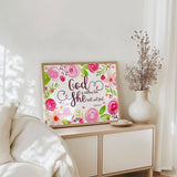 Christian scripture print with roses and greenery surrounding an empowering Bible verse for women.