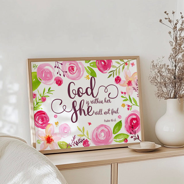 Christian scripture print with roses and greenery surrounding an empowering Bible verse for women.