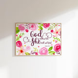 Elegant faith-inspired decor print with floral details and the verse 'God is within her'.