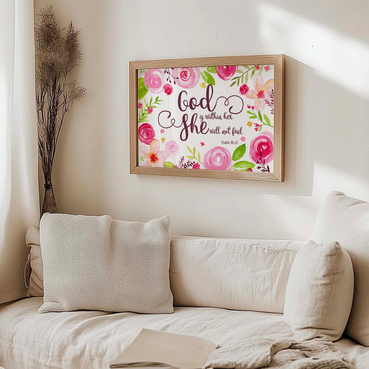 Pink floral Psalm 46:5 wall art print featuring the quote 'God is within her, she will not fail'.