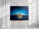 Luxurious gold leaf seascape painting for home decoration, Unique seascape art with shimmering gold leaf embellishments