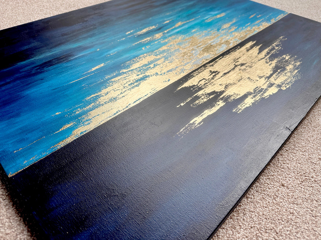 Large acrylic seascape painting with golden twilight motif, Abstract ocean landscape artwork with gold leaf highlights