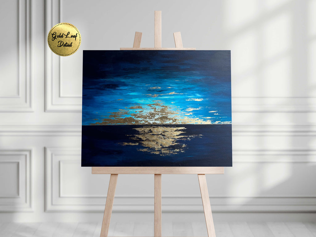 Abstract Seascape Gold Leaf Painting, Wall Art Gold Leaf Sea Artwork, Abstract seascape acrylic painting with gold leaf detail