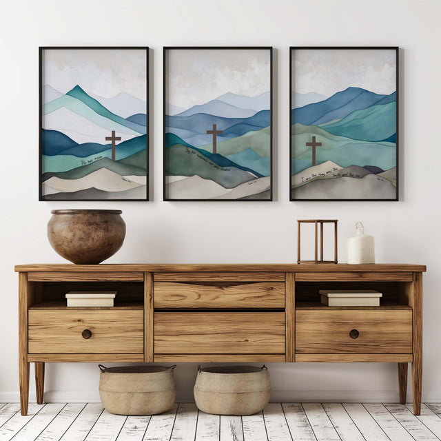 Christian triptych wall art set featuring serene blue and green mountain landscapes with Easter scriptures from Matthew 28:6, Isaiah 53:5, and John 14:6.