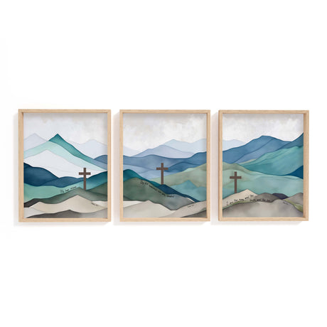 Set of three inspirational Bible verse prints with mountain imagery, celebrating resurrection, healing, and truth from key New Testament verses.