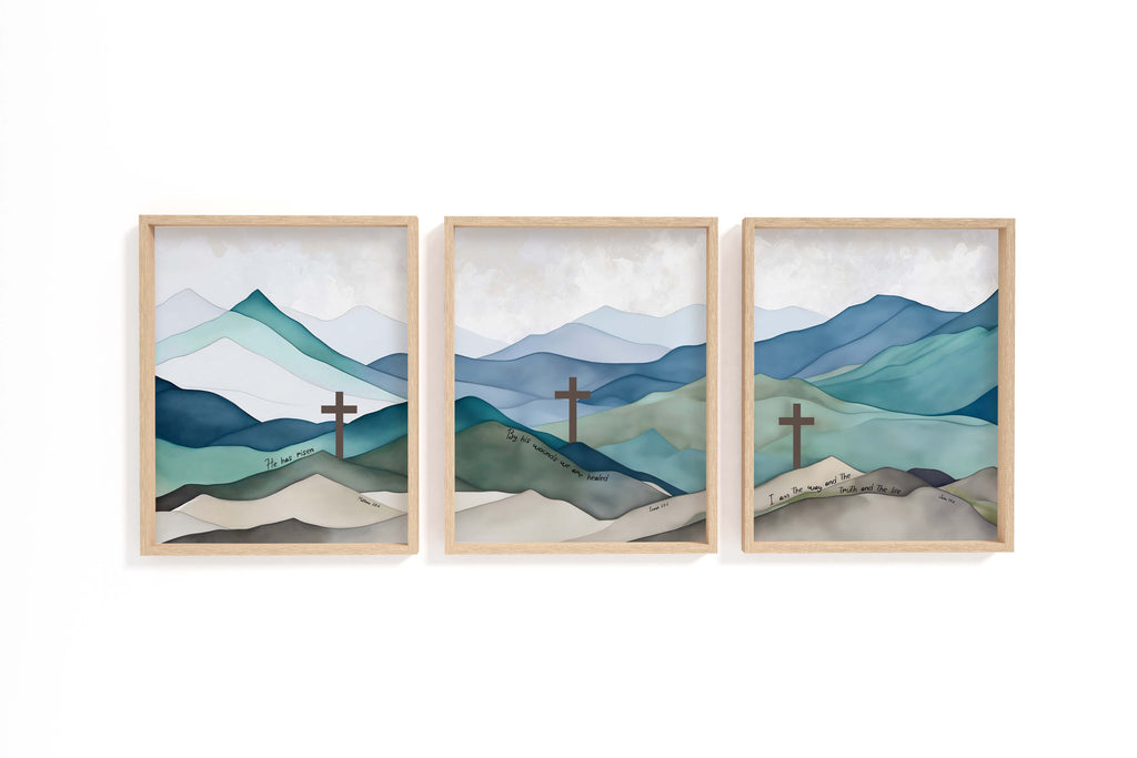 Spiritual journey wall art collection, Three-piece scripture mountain print, Biblical verse watercolor hills series