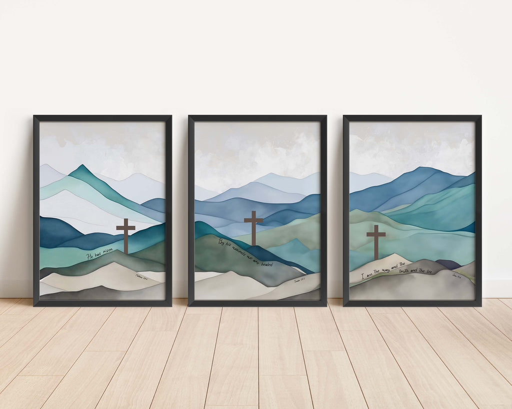 Matthew 28:6, Isaiah 53:5, John 14:6 triptych, Bible verse watercolor hills collection, Spiritual wall decor with high-quality prints