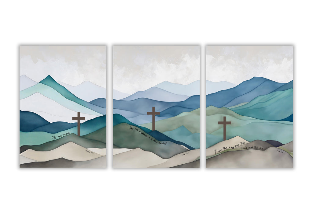 Versatile display options for scripture prints, High-quality Christian art for wall decor, Mountain Bible verse wall print set