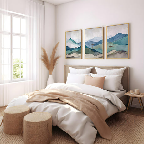 Mountain-themed Christian home decor print set with Easter and spiritual scripture verses, ideal for creating a peaceful, faith-filled atmosphere.