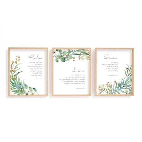 Set of 3 Bible verse prints with watercolour leaves, featuring Isaiah 41:13, Lamentations 3:23, 2 Corinthians 12:9