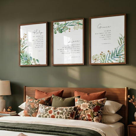 Botanical Christian wall art set with Bible verses about God’s promises and faithfulness, watercolour leaf design
