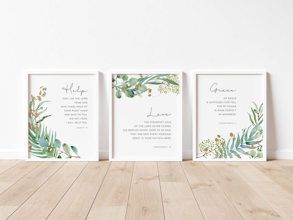 Nature-themed promises of God prints, Botanical watercolor prints with Bible verses, Leaf surround Scripture art set