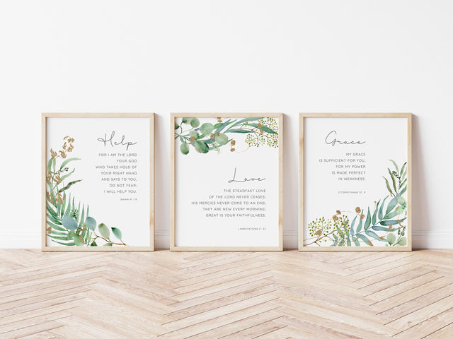 Promises of God botanical print set, Watercolor leaf surrounds Bible verse prints, Lamentations 3:23 botanical print